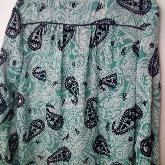Bon Worth Blouse L Long Sleeve Button Up Simi Sheer Velvet Detail Green Black - Picture 13 of 14